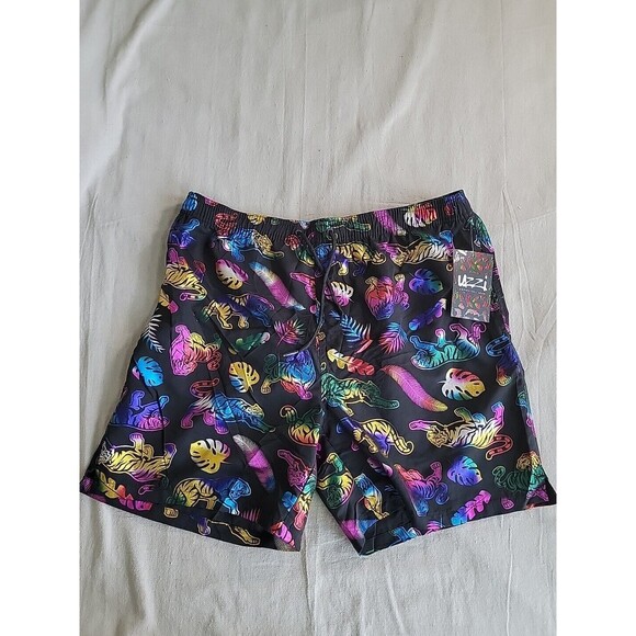 Uzzi Mens XL 34x6 Swim Shorts Trunks Swimsuit Black Iridescent Tiger Feather NEW
